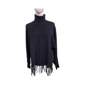 Carmen Marc Valvo Black Turtleneck Fringe Sweater L Viscose Blend Long Sleeve